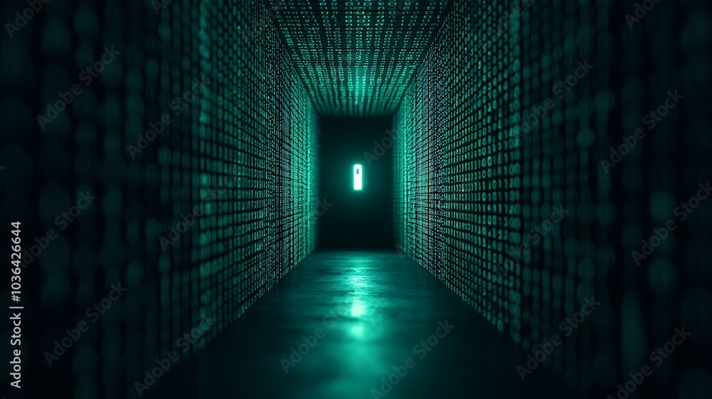 Aufkleber exploring the depths of digital realities a journey through a binary hallway illuminated by neon lig