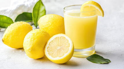 Bright yellow lemons with water drops, placed next to a glass of lemon juice on a white kitchen countertop. --chaos