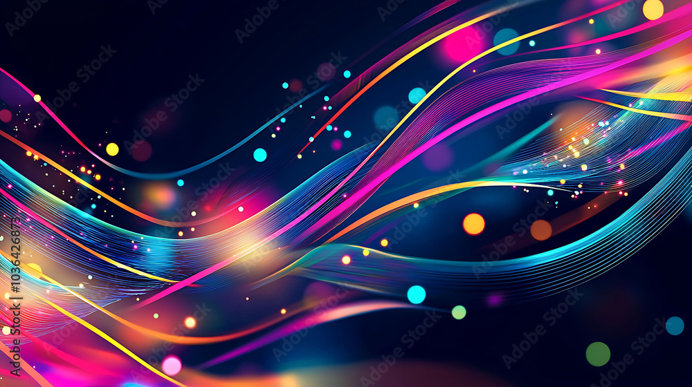 Poster abstract colorful waves and bokeh lights on a dark background.