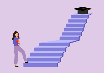 Success step to achieve higher education. The way to achieve high education. Teen student walking up to graduation cap in flat design.