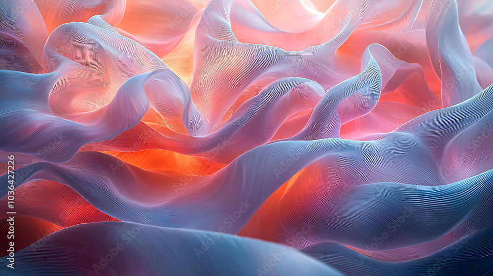 Poster abstract flowing fabric background with warm and cool colors, creating a soft, ethereal, and dreamy 