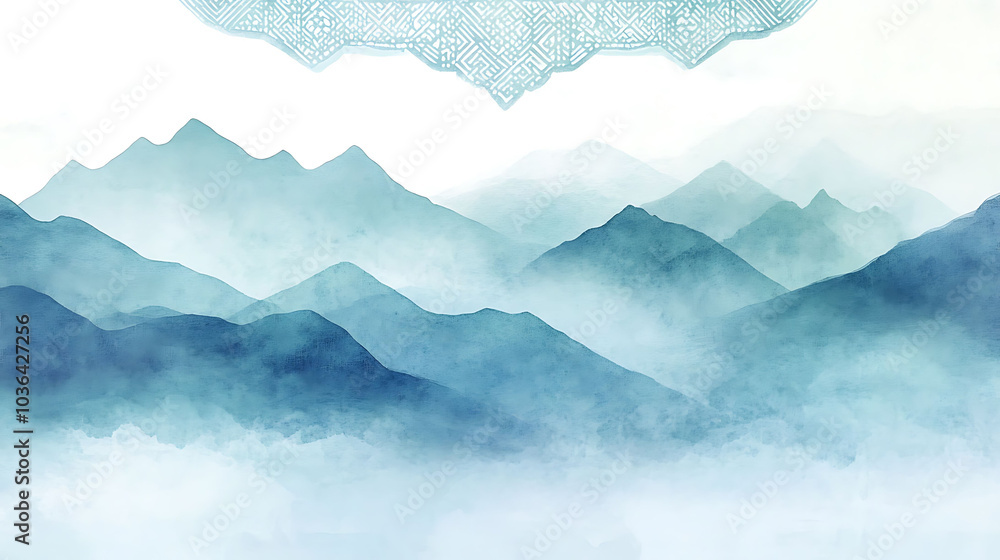 Poster a misty mountain range with an abstract pattern at the top.