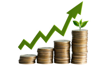 Growing investment with stacked coins and arrows isolated on transparent and white background.PNG image