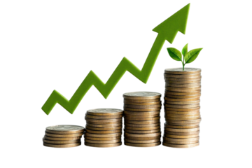 Growing investment with stacked coins and arrows isolated on transparent and white background.PNG image