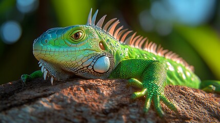 Naklejka premium Vibrant green iguana resting on a rock surrounded by lush nature capturing the essence of wildlife in its natural habitat