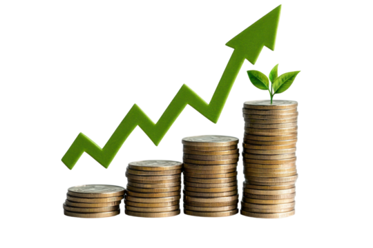 Growing investment with stacked coins and arrows isolated on transparent and white background.PNG image - Powered by Adobe