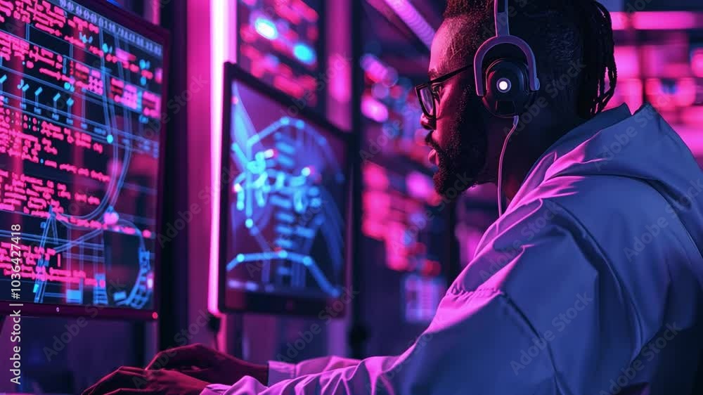 Poster in a contemporary office setting illuminated by neon pink lights, a person with headphones intently 