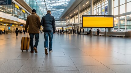Airport Departure: Two men stroll through a modern airport terminal, luggage in tow, embarking on a journey.  A sense of anticipation and adventure fills the scene. 