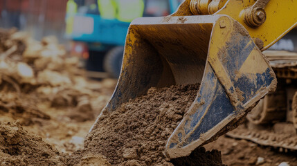 Close-up of a backhoe's hydraulic arm as it lifts a full bucket of soil at a construction zone. --chaos