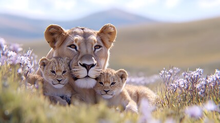 A majestic lioness nurturing her adorable cubs amidst a vibrant floral landscape celebrating the beauty of nature and family bonds