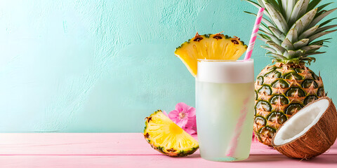 Água de coco tropical com fatia de abacaxi