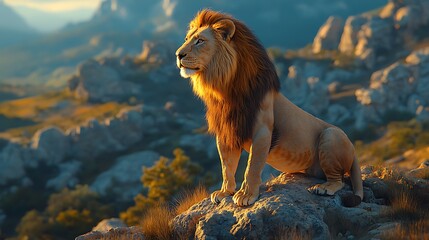 Obraz premium Majestic lion sitting on a rock a stunning portrait of nature's king in a breathtaking landscape setting