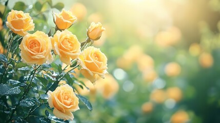 Collection of yellow rose flower arrangements and morning dew in the garden blurred background 