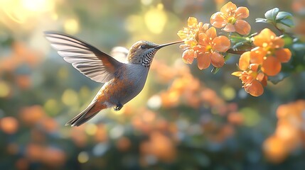 Obraz premium Captivating hummingbird in flight pollinates vibrant orange blossoms under soft sunlight showcasing nature's beauty and intricate details