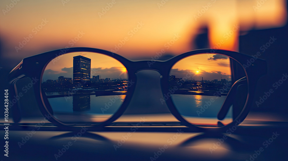 Fototapete close-up of eyeglasses with stylish frames reflecting the screen of a computer, evoking a tech-savvy