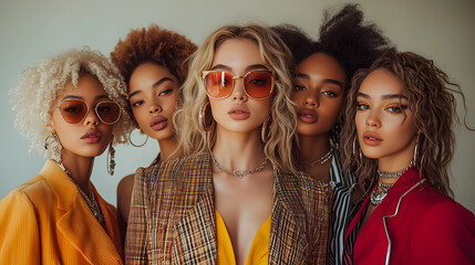 Stylish Group of Women in Fashionable Attire and Sunglasses