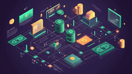 A futuristic isometric illustration depicting a cryptocurrency network. The network consists of gold coins, stacks of cryptocurrency, and dollar bills connected by lines.
