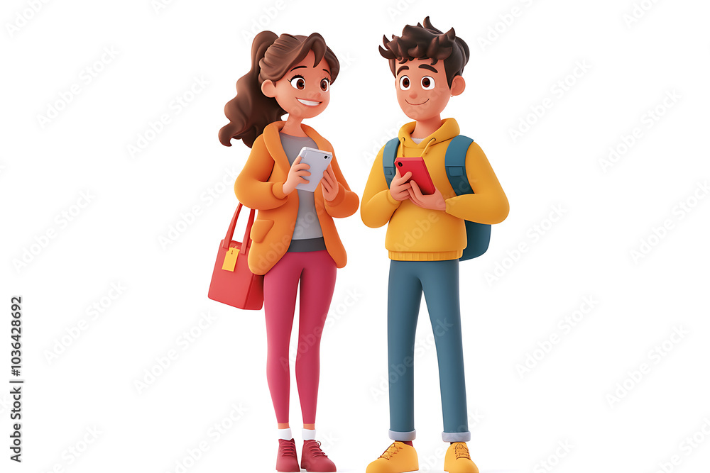 Poster two animated characters engaging with smartphones, showcasing a friendly interaction.