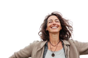 A smiling senior woman with blond hair radiates happiness, embodying beauty and confidence as a businesswoman and grandmother isolated on transparent and white background.PNG image