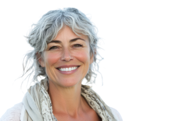 A smiling senior woman with blond hair radiates happiness, embodying beauty and confidence as a businesswoman and grandmother isolated on transparent and white background.PNG image