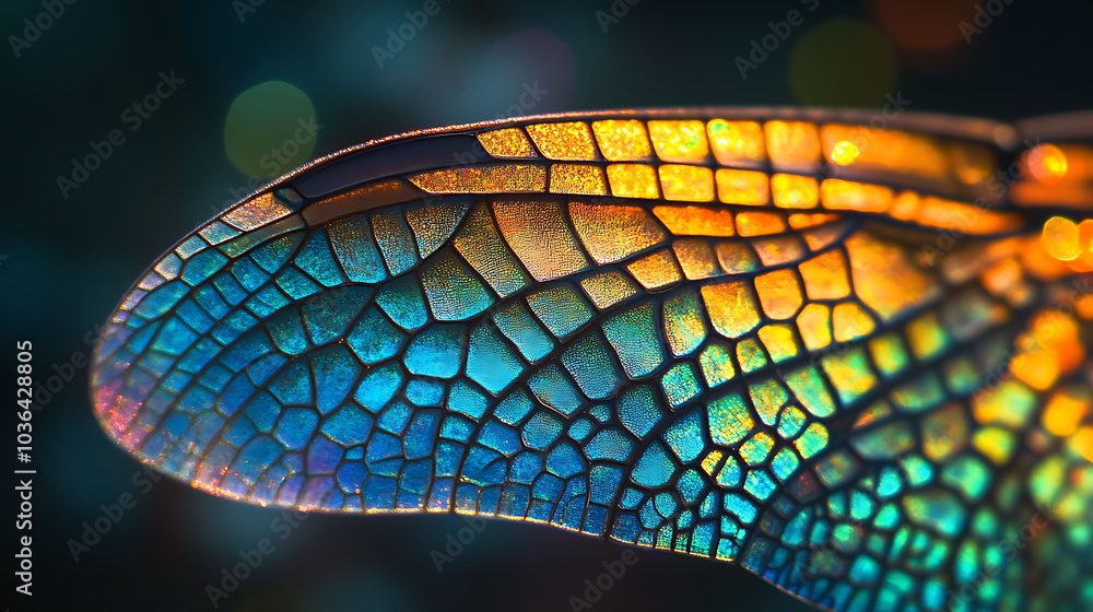 Poster a close-up of a dragonfly's wing, showcasing its intricate structure and iridescent colors. the wing