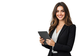 A smiling businesswoman stands confidently in an office, holding a laptop isolated on transparent and white background.PNG image	