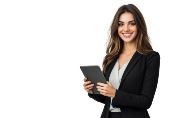 A smiling businesswoman stands confidently in an office, holding a laptop isolated on transparent and white background.PNG image	