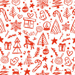 Christmas seamless pattern. Christmas elements in hand drawing style. Doodle vector white and red background.	

