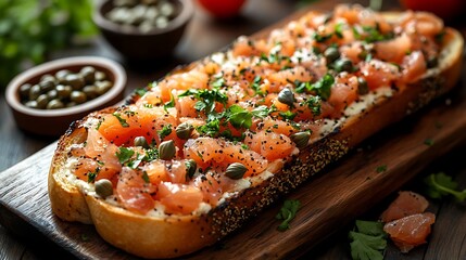 Deliciously crafted salmon bruschetta on rustic bread topped with fresh herbs and capers for a perfect appetizer experience