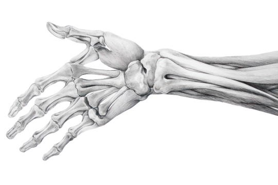 Hand anatomy sketch showing bones and muscles isolated on transparent and white background.PNG image