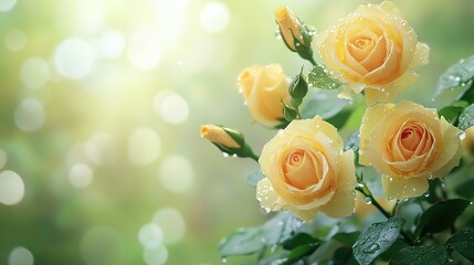 Collection of yellow rose flower arrangements and morning dew in the garden blurred background 