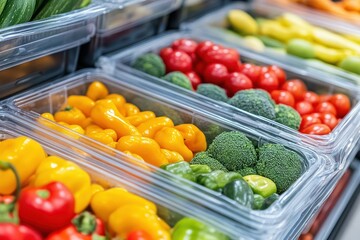 Vibrant display of fresh vegetables in grocery store bins showcasing a colorful array of bell peppers tomatoes and broccoli for healthy eating enthusiasts