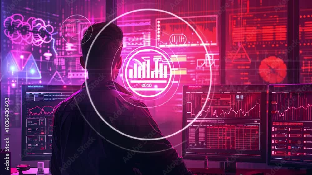 Poster In a contemporary office, a data analyst focuses on multiple screens displaying vivid charts and analytics. The vibrant colors and digital graphs create a high-tech atmosphere.
