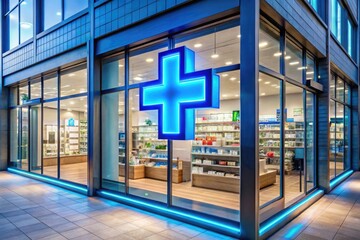 The pharmacy has a blue cross logo, large glass windows with ads, and a bright "open" sign. Inside, shelves are neatly arranged with medical products in a fun cartoon style, giving a clean 