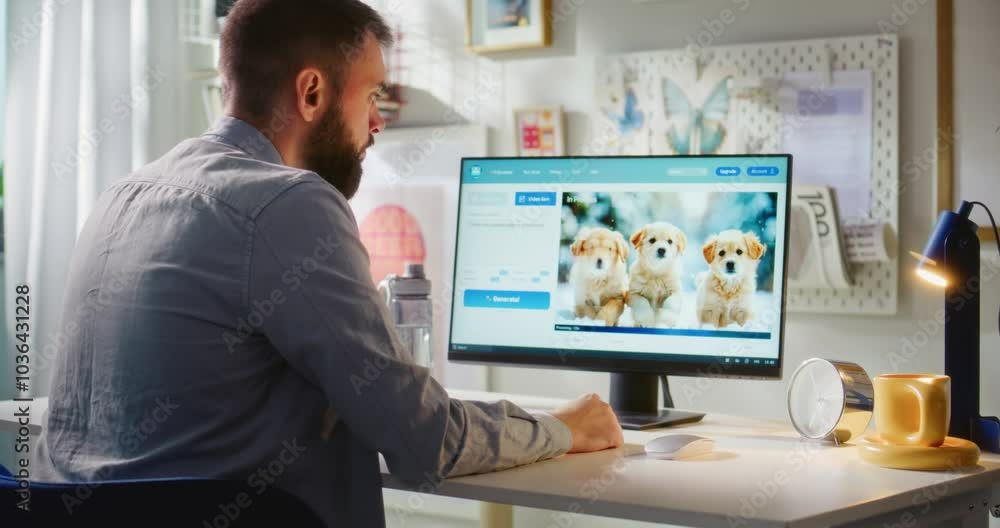 Poster adult man types prompt in ai video generator on pc. online artificial intelligence software generate