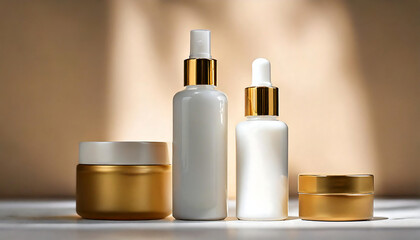 luxury two different care products with gold cap and white colors, close-up shot, minimalist