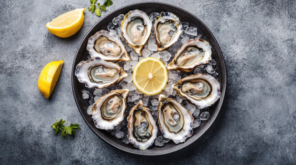Fresh oysters in shell arranged in a circular pattern on a plate, with crushed ice in the center and lemon wedges around. --chaos