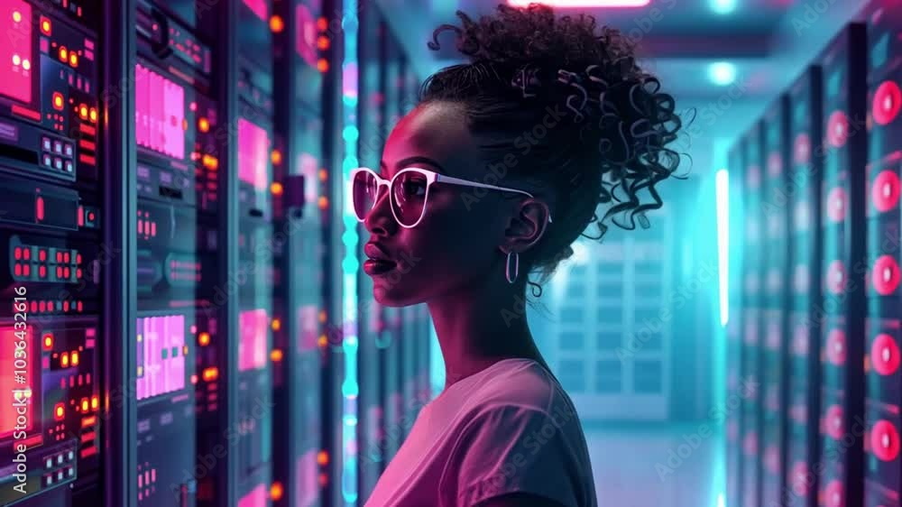 Aufkleber in a tech hub, a young professional stands in a server room, analyzing data servers bathed in vibran