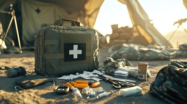 Military First Aid Kit in Dusty Tent Environment Amidst Medical Supplies - Urgency and Preparedness for Battlefield Conditions