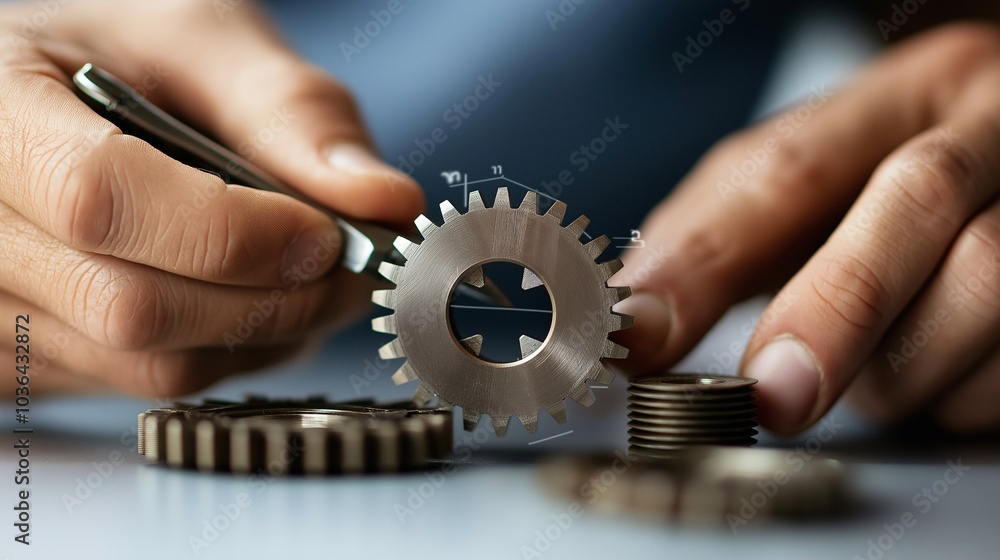 Poster precision engineering: close-up of a mechanic's hands meticulously assembling gears, highlighting th