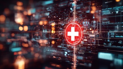 Fototapeta premium Futuristic Medical Technology Concept with Glowing Red Cross Symbol and Vital Signs on Electronic Screens