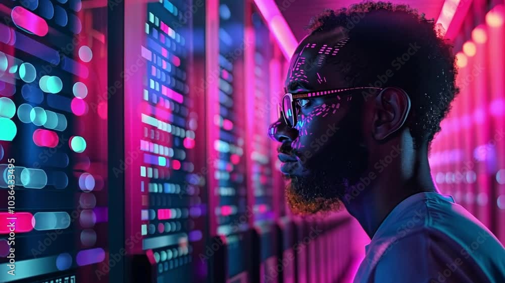 Leinwandbilder A person stands intently, studying vibrant data patterns illuminated by colorful lights in a modern digital workspace that emphasizes technology and innovation.