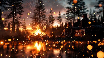 Fototapeta premium Starry Night Campfire: Friends Bonding Around Fire Pit in Forest by Lake with Twinkling Stars