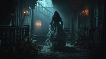 In the haunting stillness of a crumbling Victorian ballroom, a terrifying ghost with a tattered dress and ghostly features lingers beneath the remains of shattered chandeliers.
