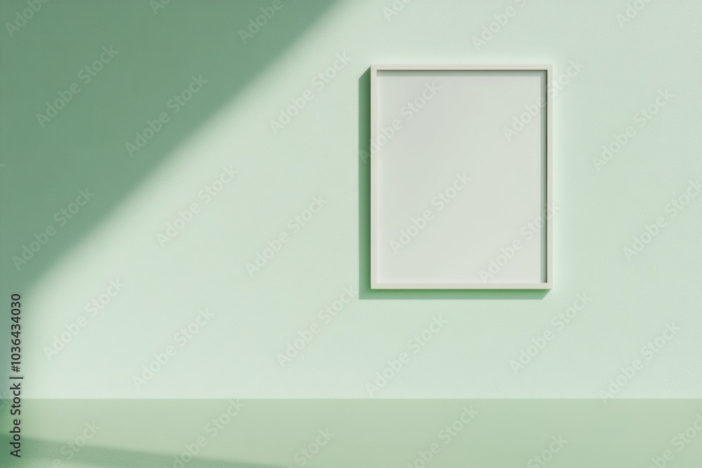 Poster minimalist light green wall with empty frame for mockup, low-angle, soft matte texture, diffused lig