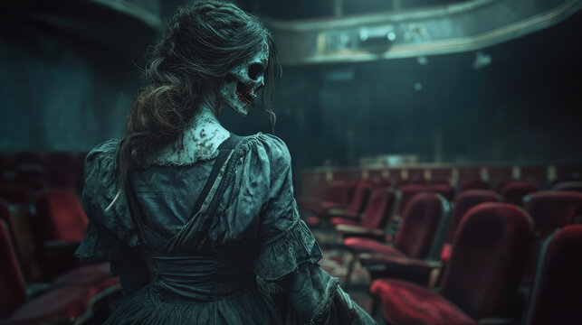 In the eerie glow of the ruined Victorian theater, a ghost with a sinister expression and a torn, elegant gown lingers among the broken velvet seats, adding to the chilling atmosphere.
