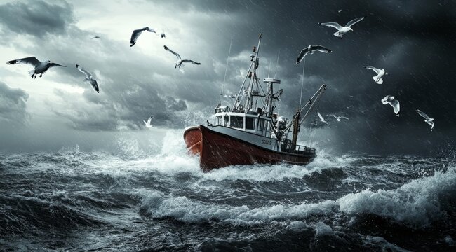 A red and white fishing boat battles rough seas in a stormy weather.
