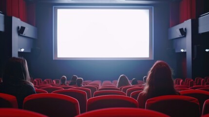 Fototapeta premium Audience watching blank screen in a movie theater with red seating and dim lighting