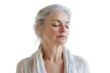 Mature woman in wellness retreat  isolated on transparent background,PNG image.	