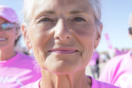Elderly Woman at Breast Cancer Awareness Event Wearing Pink Shirt with Supporters in Background, Bright Day, Community Fundraising
